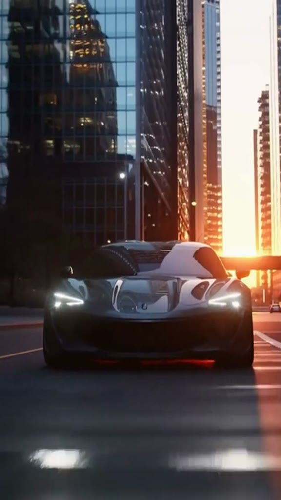 AI-generated automotive brand film — sports car driving through a city at sunset