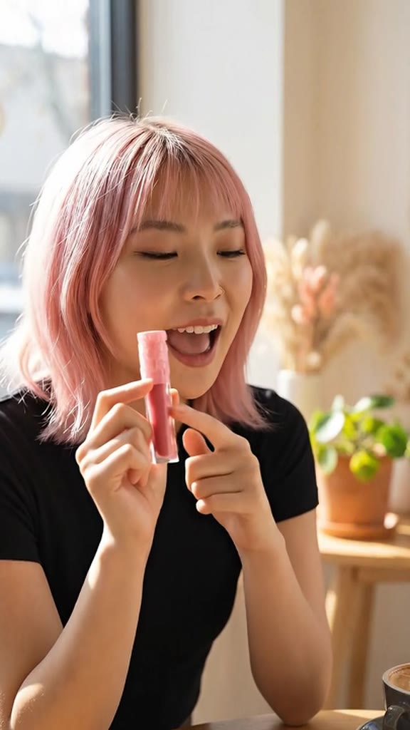 AI avatar beauty ad — AI-generated presenter holding a lip gloss