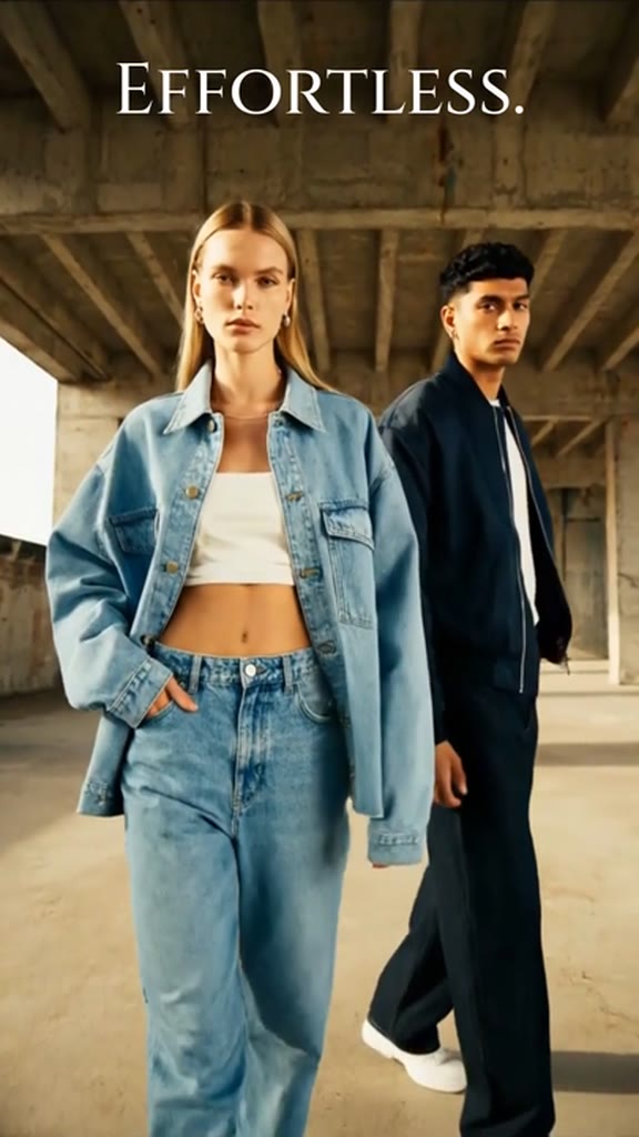 AI-generated denim fashion ad with two models walking under a bridge