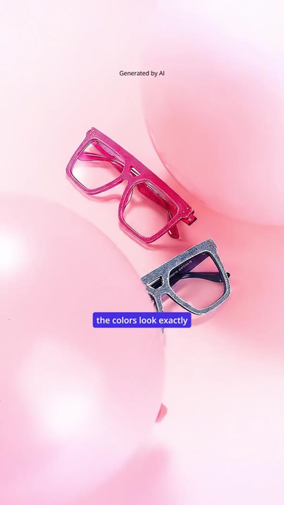 AI UGC-style eyewear ad with floating glasses on a pink background