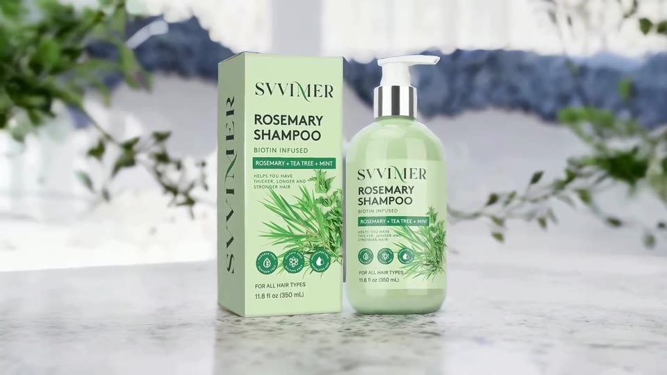 AI-generated rosemary shampoo product ad on a marble surface
