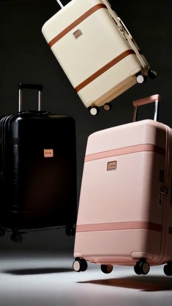 AI-generated luggage product ad with floating suitcases