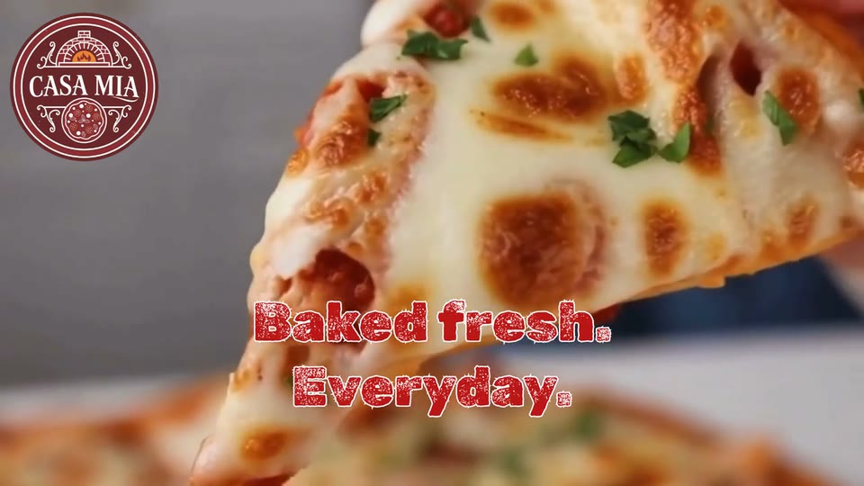 AI-generated restaurant ad with a pizza cheese pull