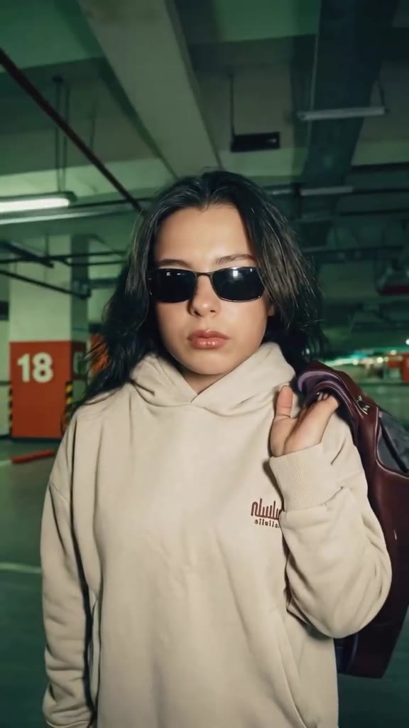 AI-generated streetwear film — model in sunglasses and a beige hoodie in a car park