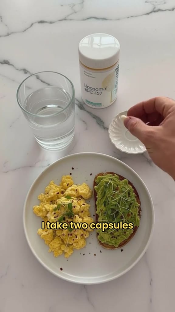 AI-generated wellness lifestyle ad — breakfast table with supplement capsules